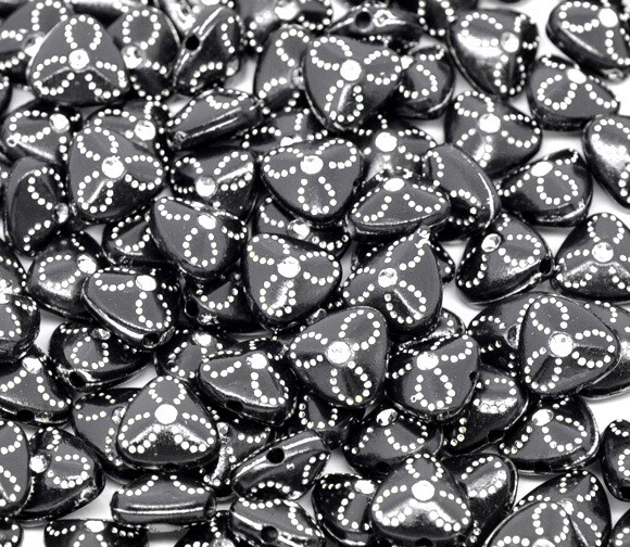 61 perles triangles noir motif fleur argenté acrylique 9  mm