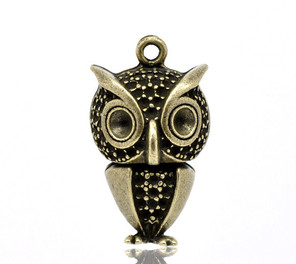 Hibou breloque métal 3D couleur bronze 35x19 mm