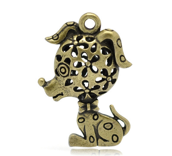Chien breloque métal 3D couleur bronze 32x22 mm