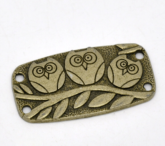 Connecteur rectangle 4 trous 3 chouettes gravées métal couleur bronze 38 x 20 mm