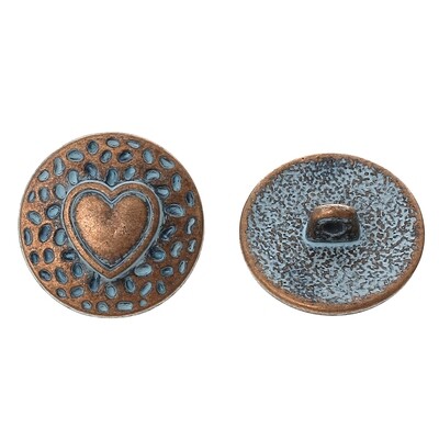 2 boutons ronds motif coeur couleur cuivre 18 mm