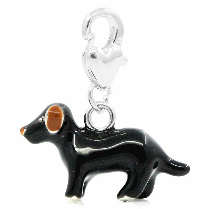 Pendentif breloque émaillée chien 3D monté sur mousqueton coeur