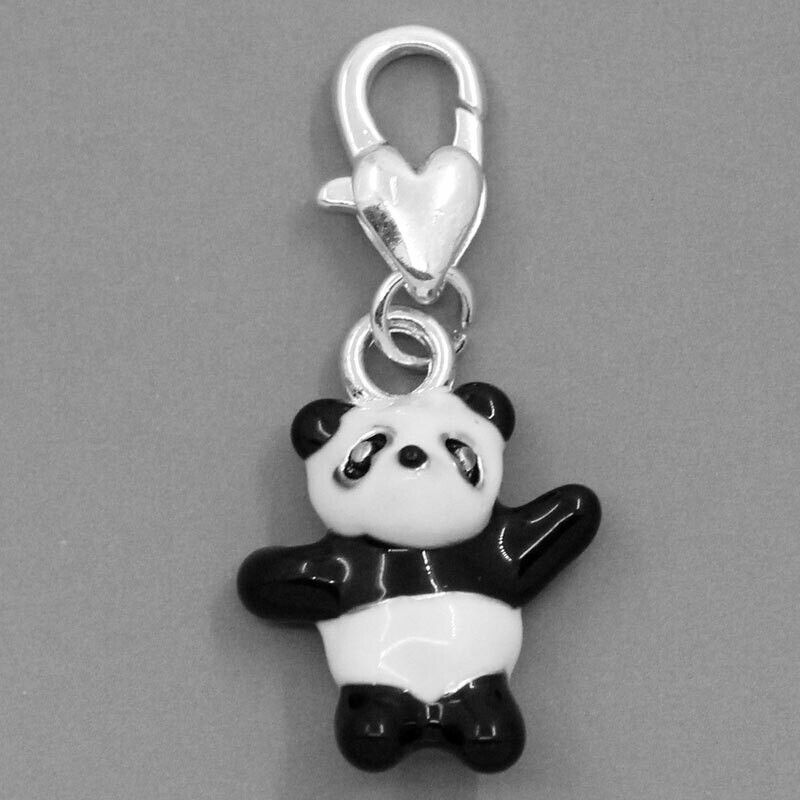 Pendentif breloque émaillée panda 3D monté sur mousqueton coeur 3,4 x 1,6 cm