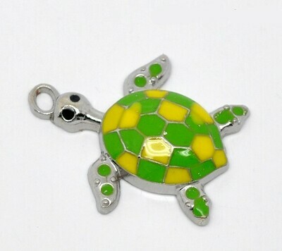 2 pendentifs breloques émaillés tortue verte et jaune 28 x 24 mm