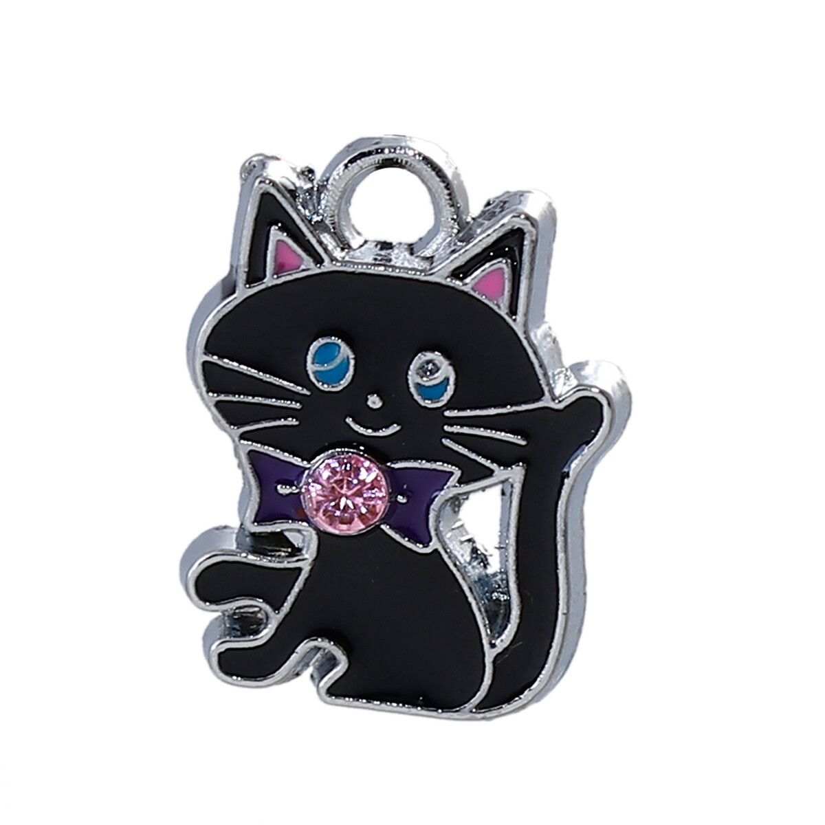 2 pendentifs breloques émaillés chat avec strass 19 x 14 mm