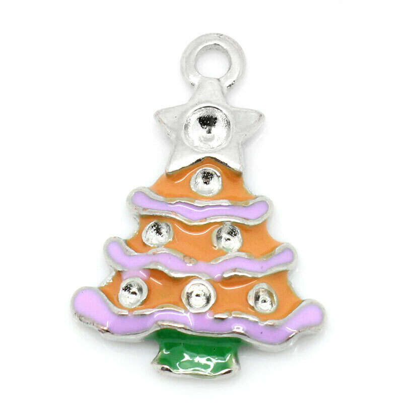 4 pendentifs émaillés sapin rose et orange 23 x 16 mm