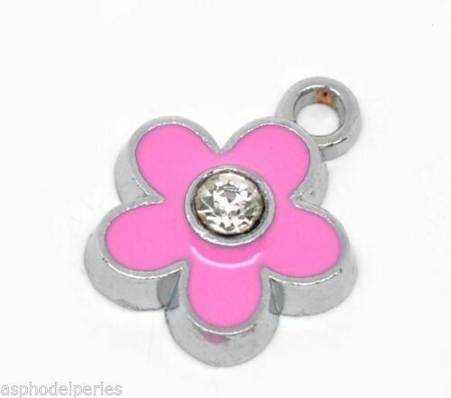 2 pendentifs breloques émaillés fleur rose 15 x 13 mm