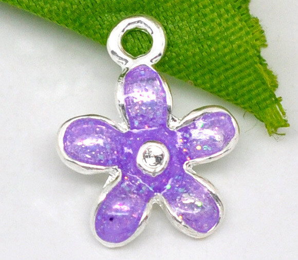 4 pendentifs breloques émaillés fleur violette 16 x 13 mm