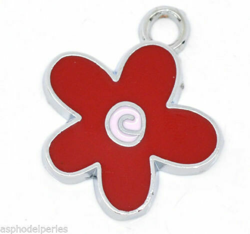 2 pendentifs breloques émaillés fleur rouge 21 x 19  mm