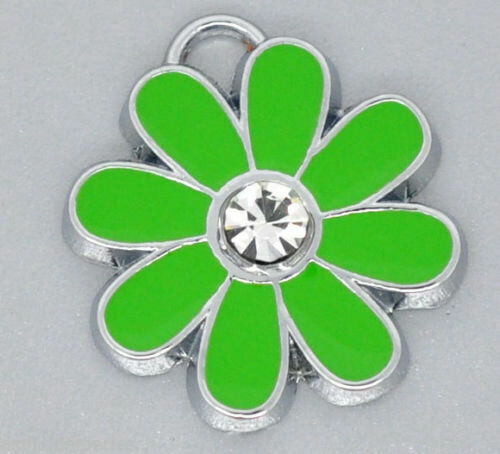 4 pendentifs breloques émaillés fleur marguerite verte 19 x 18 mm