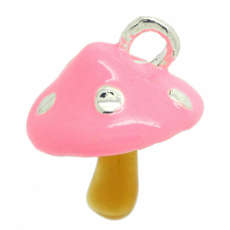 Pendentif breloque émaillée champignon rose 3D 18 x 16 mm