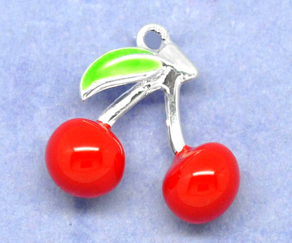 2 pendentifs breloques émaillées cerises 3D  16 x 16 mm