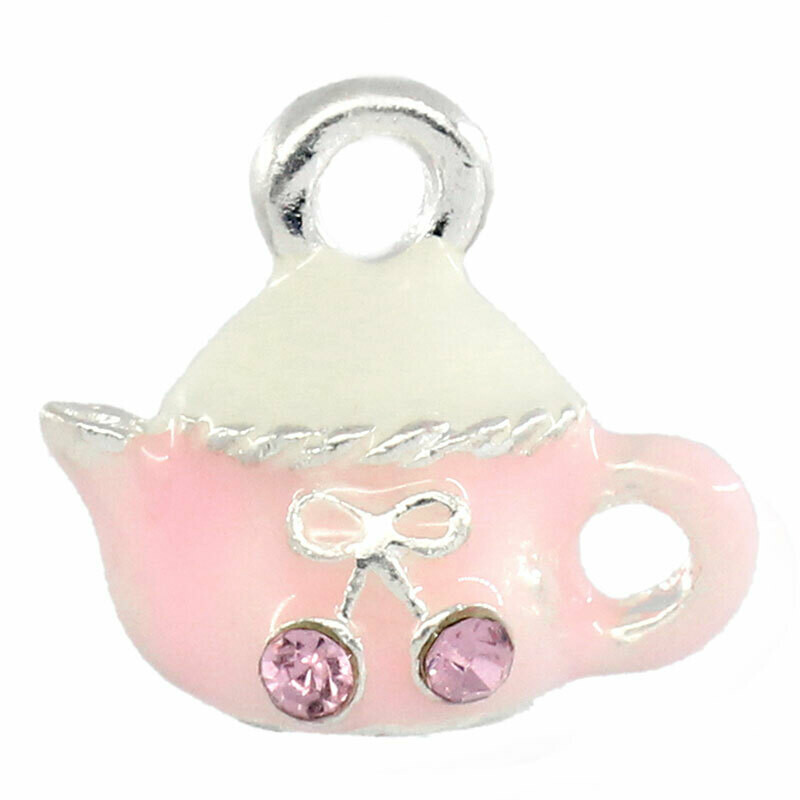 Pendentif breloque émaillée théière rose avec strass roses 3D 14,5 x 13 mm