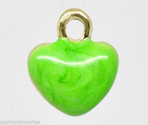 4 pendentifs breloques émaillés coeur 3D vert  11 x 9,5 mm