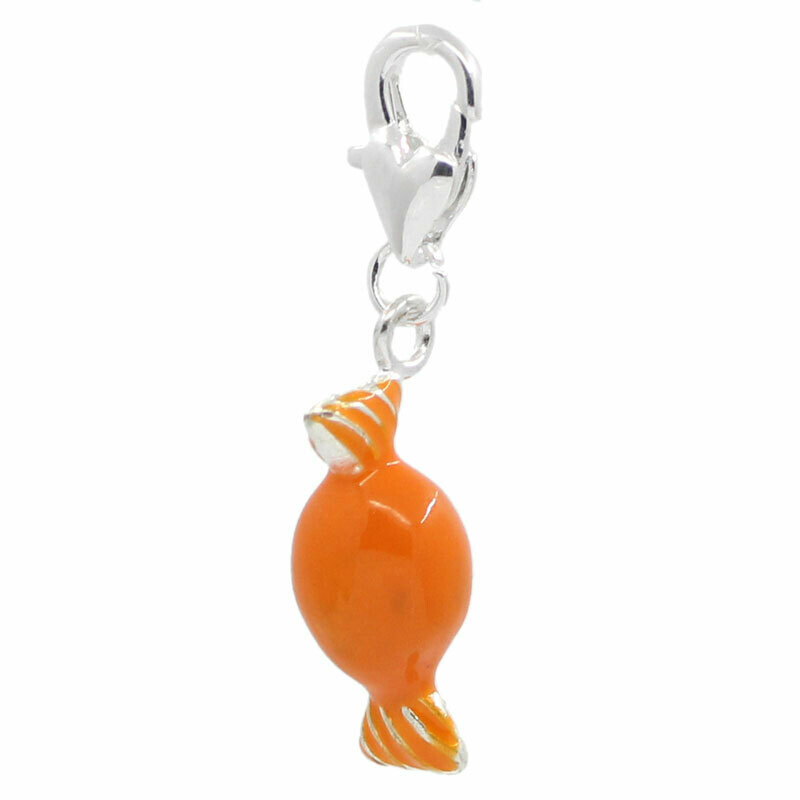 Pendentif breloque émaillée bonbon orange 3D monté sur mousqueton 38 x 9 mm