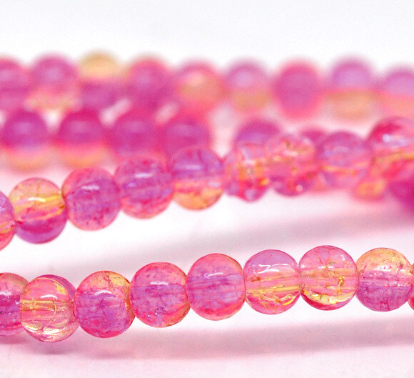 50 perles en verre craquelé jaune et rose 4 mm