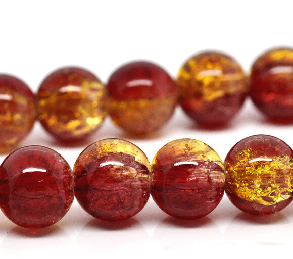 15 perles en verre craquelé 10 mm transparent  rouge et jaune