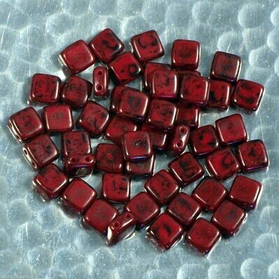 25 perles Tile Beads à 2 trous en verre de Bohème 6 mm opaque rouge Picasso