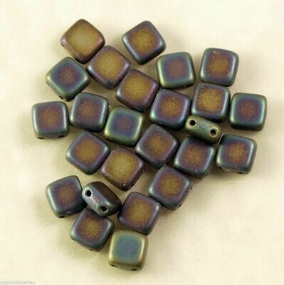 25 perles Tile Beads à 2 trous en verre de Bohème 6 mm mat irisé bleu