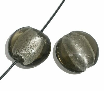 4 perles de verre disque bombé feuille d'argent foiled gris 20 mm