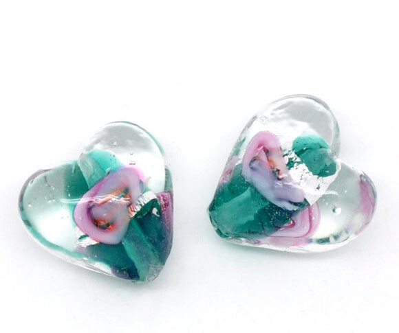 4 perles de verre coeur vert motif rose 12 x 12 mm