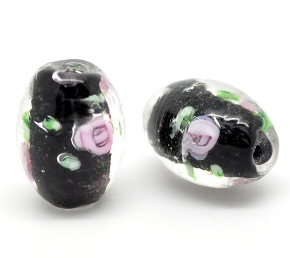 4 perles de verre  noir avec motif rose en forme d'olive 14 x 10 mm