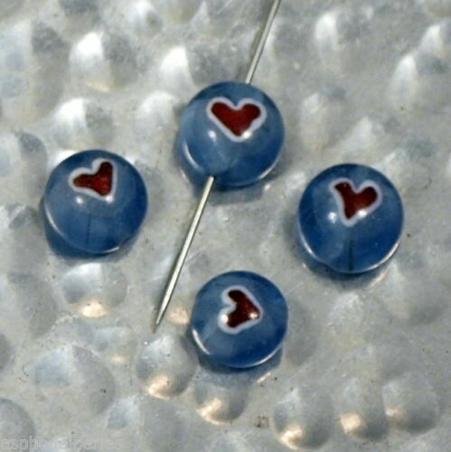 8 perles de verre artisanal ronde bleu avec coeur rouge environ 6-8 mm