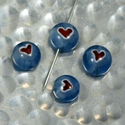 8 perles de verre artisanal ronde bleu avec coeur rouge environ 6-8 mm