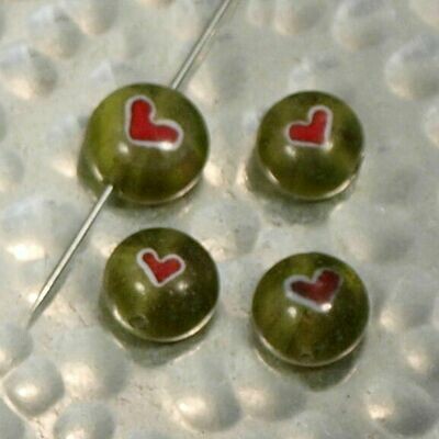 4 perles de verre artisanal ronde vert avec coeur rouge environ 6-8 mm