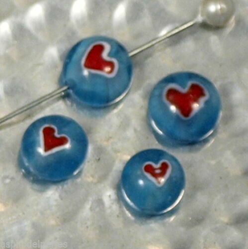 8 perles de verre artisanal ronde bleu ciel avec coeur rouge environ 6-8 mm