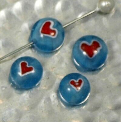 8 perles de verre artisanal ronde bleu ciel avec coeur rouge environ 6-8 mm