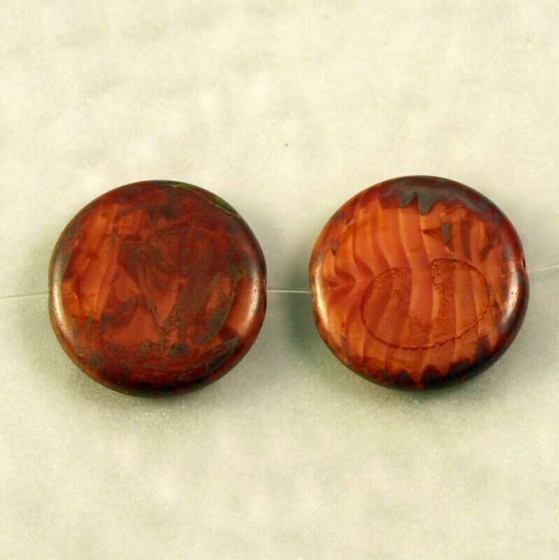 2 perles de verre de Bohème red Matte Picasso  en forme de disque 20 mm