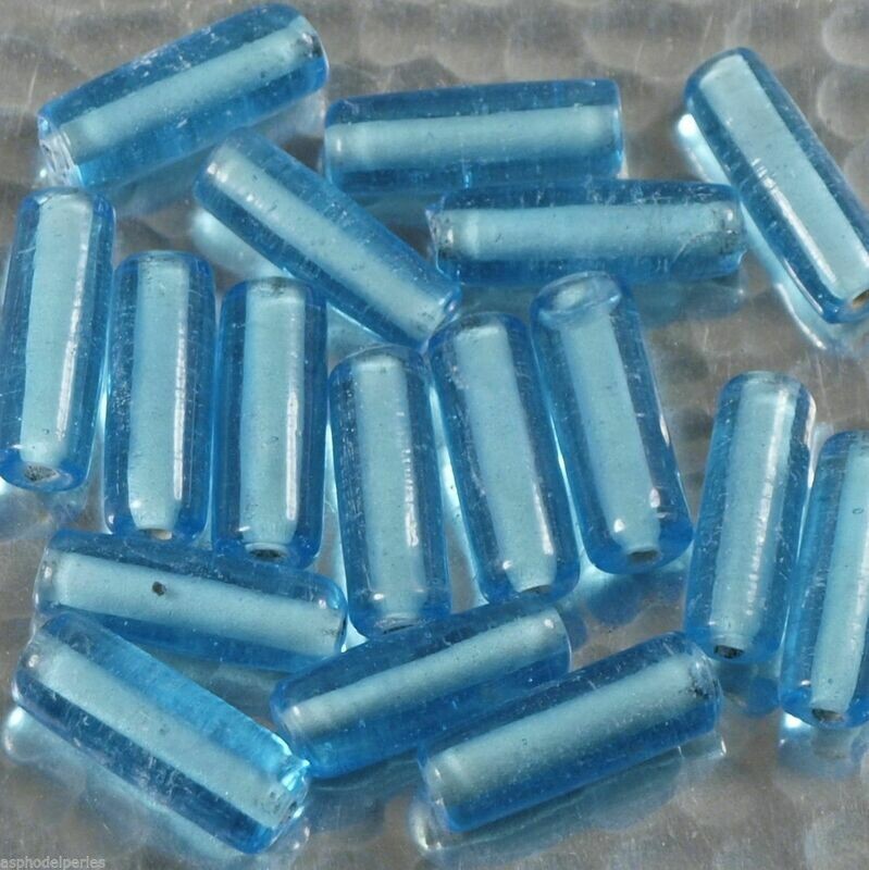 6 perles tubes en verre bleu turquoise brillant transparent  2 x 0,75 cm