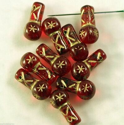 10 pendentifs tchèques en verre de Bohème rouge ruby et doré 8x15mm