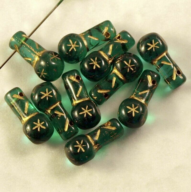 10 pendentifs tchèques en verre de Bohème émeraude et doré 8x15mm