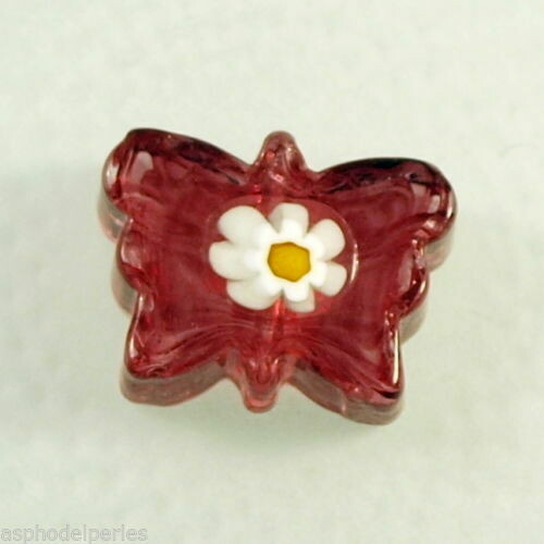 Perle papillon en authentique  verre de Murano fuchsia  millefiori 17x12 mm