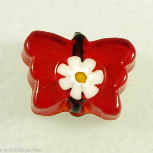 Perle papillon en authentique verre de Murano rouge millefiori 17x12 mm