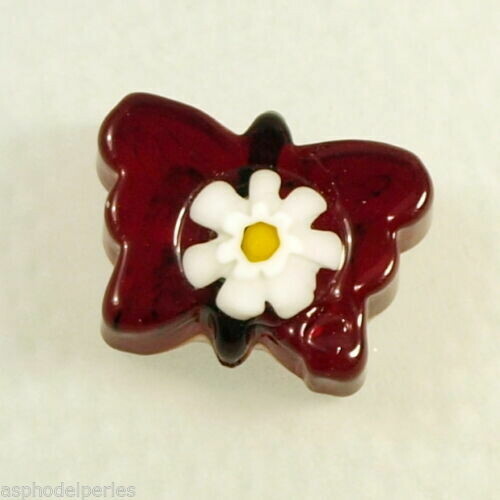 Perle papillon en authentique verre de Murano grenat millefiori 17x12 mm