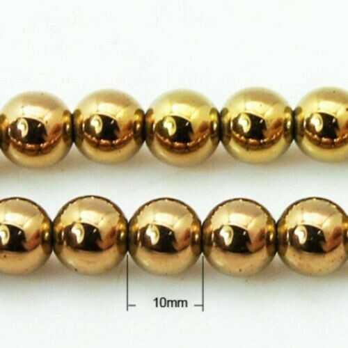 8 perles d'hématite rondes 10 mm dorée environ