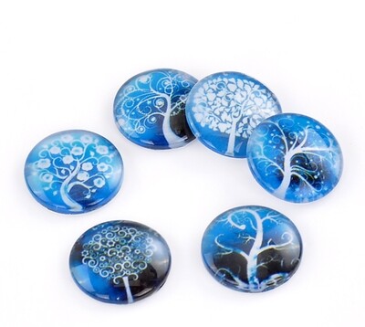 6 cabochons ronds en verre motif arbre bleu 25 mm