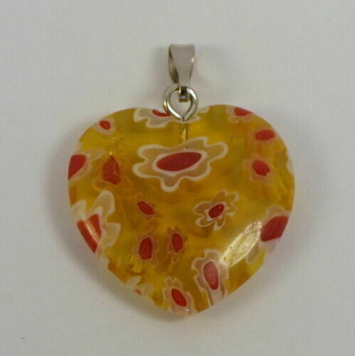 Pendentif coeur en verre de Millefiori 20 x 20 mm JAUNE ET ROUGE