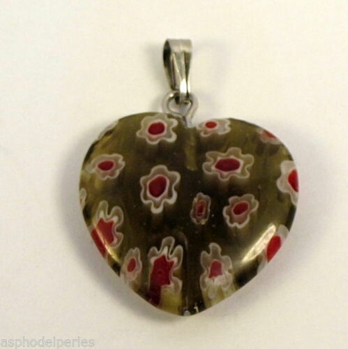 Pendentif coeur en verre de Millefiori 20 x 20 mm KAKI ET ROUGE