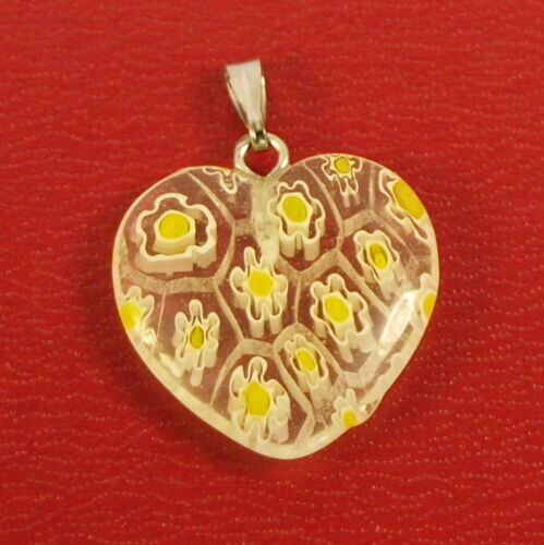 Pendentif coeur en verre de Millefiori 20 x 20 mm JAUNE ET BLANC