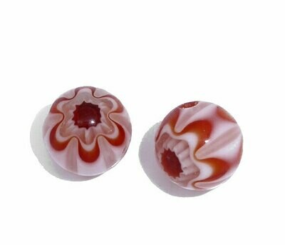 10 perles rondes 6 mm en verre de Millefiori rouge et blanc