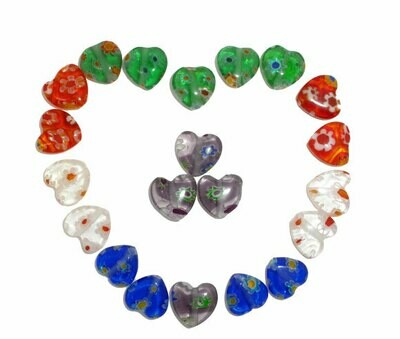 1 fil de 45 perles coeur millefiori multicolores 8 mm