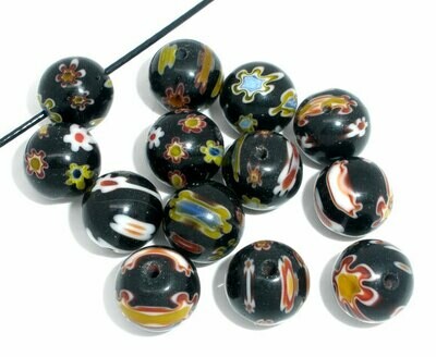 10 perles rondes 10 mm en verre de Millefiori multicolore fond noir