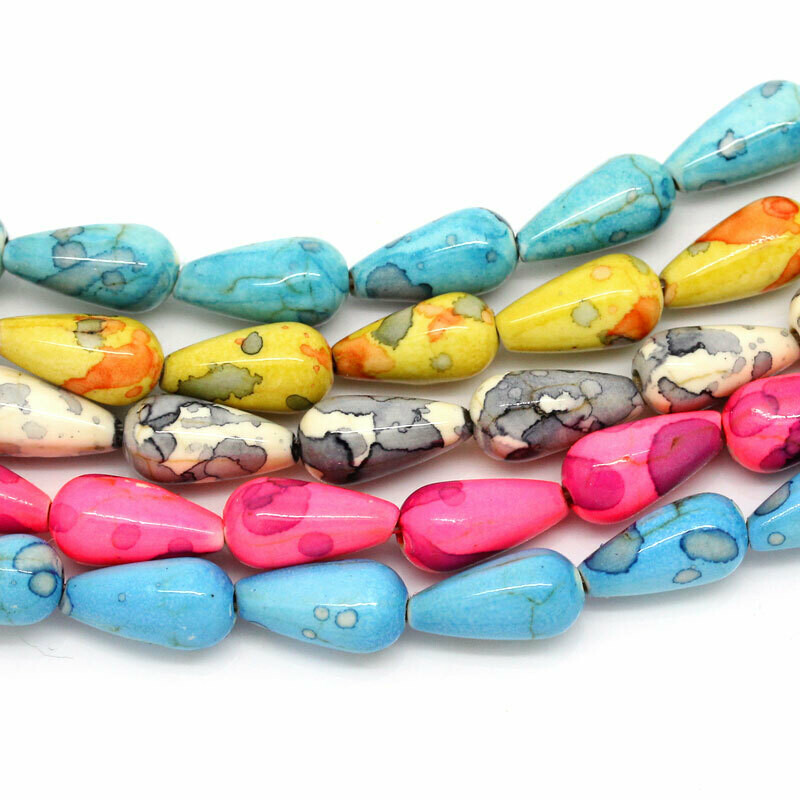 6 perles goutte en AGATE synthétique 14 x 7 mm TURQUOISE tachetée