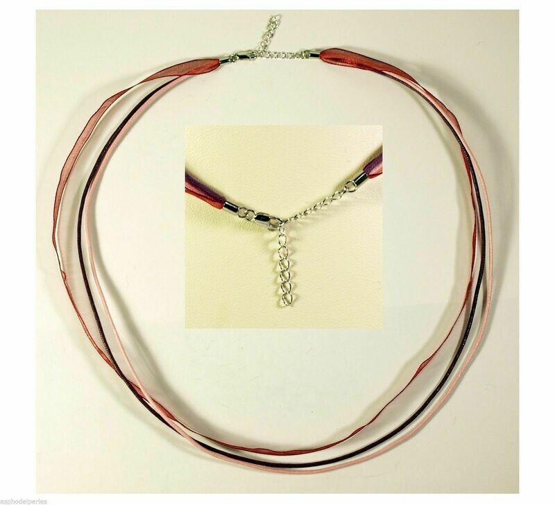 Tour de cou en organza et cordons 3 couleurs 47-51 cm fermoir en argent sterling