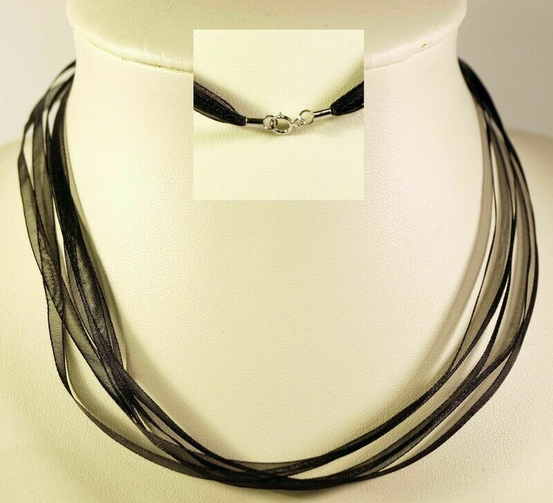 Tour de cou en organza noir 43 cm avec fermoir en argent sterling