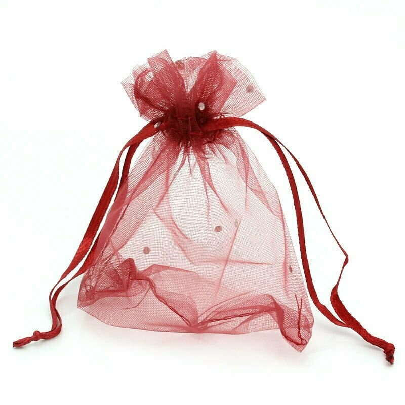 3 sachets en organza bordeaux petits strass argentés  12 x 10 cm